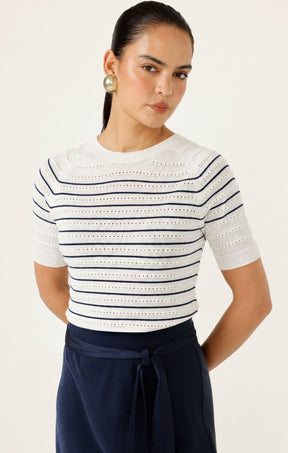 Knitwear EYELET STRIPE KNIT TOP IN WHITE AND NAVY