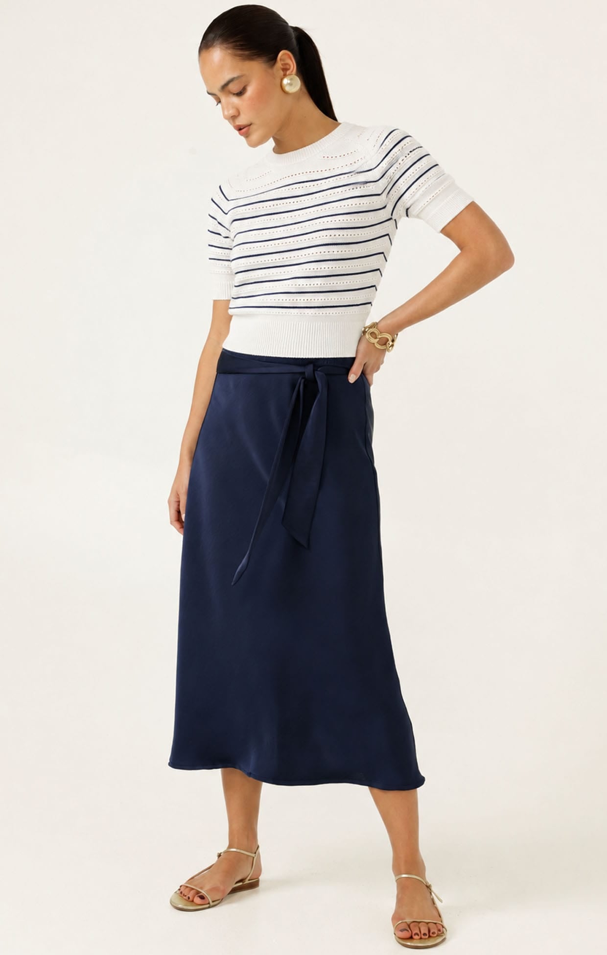 Knitwear EYELET STRIPE KNIT TOP IN WHITE AND NAVY