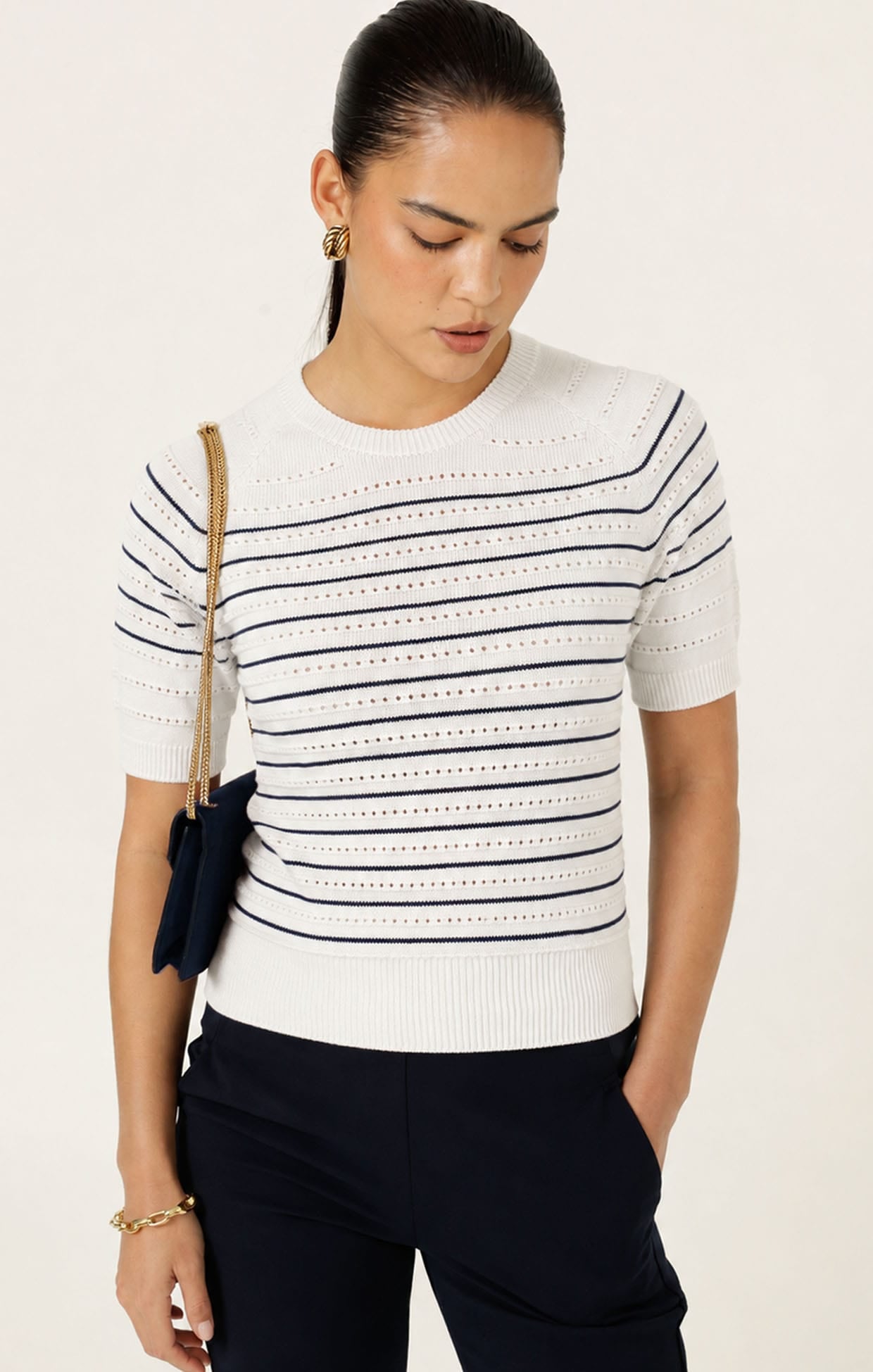 Knitwear EYELET STRIPE KNIT TOP IN WHITE AND NAVY