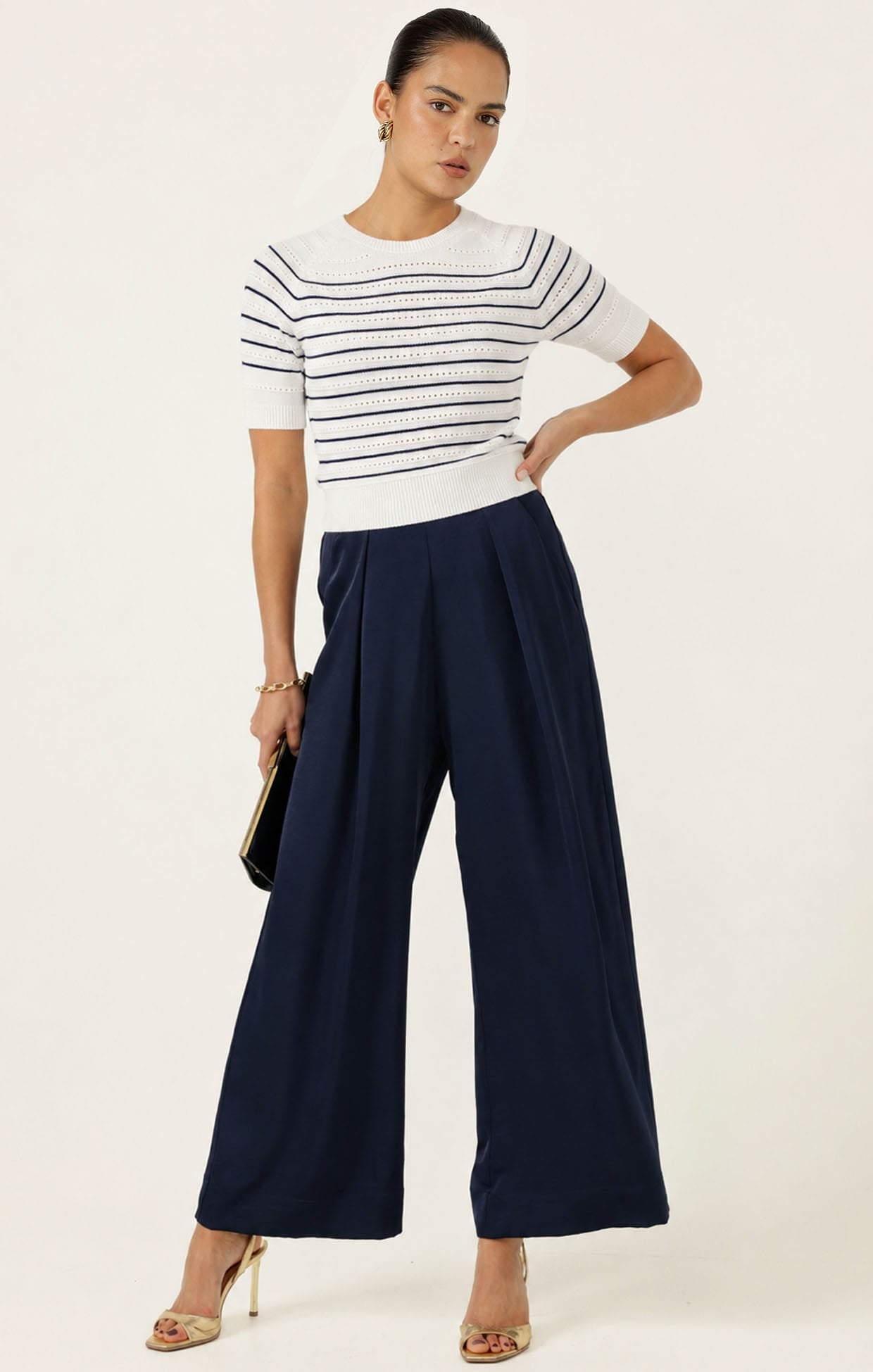 Knitwear EYELET STRIPE KNIT TOP IN WHITE AND NAVY