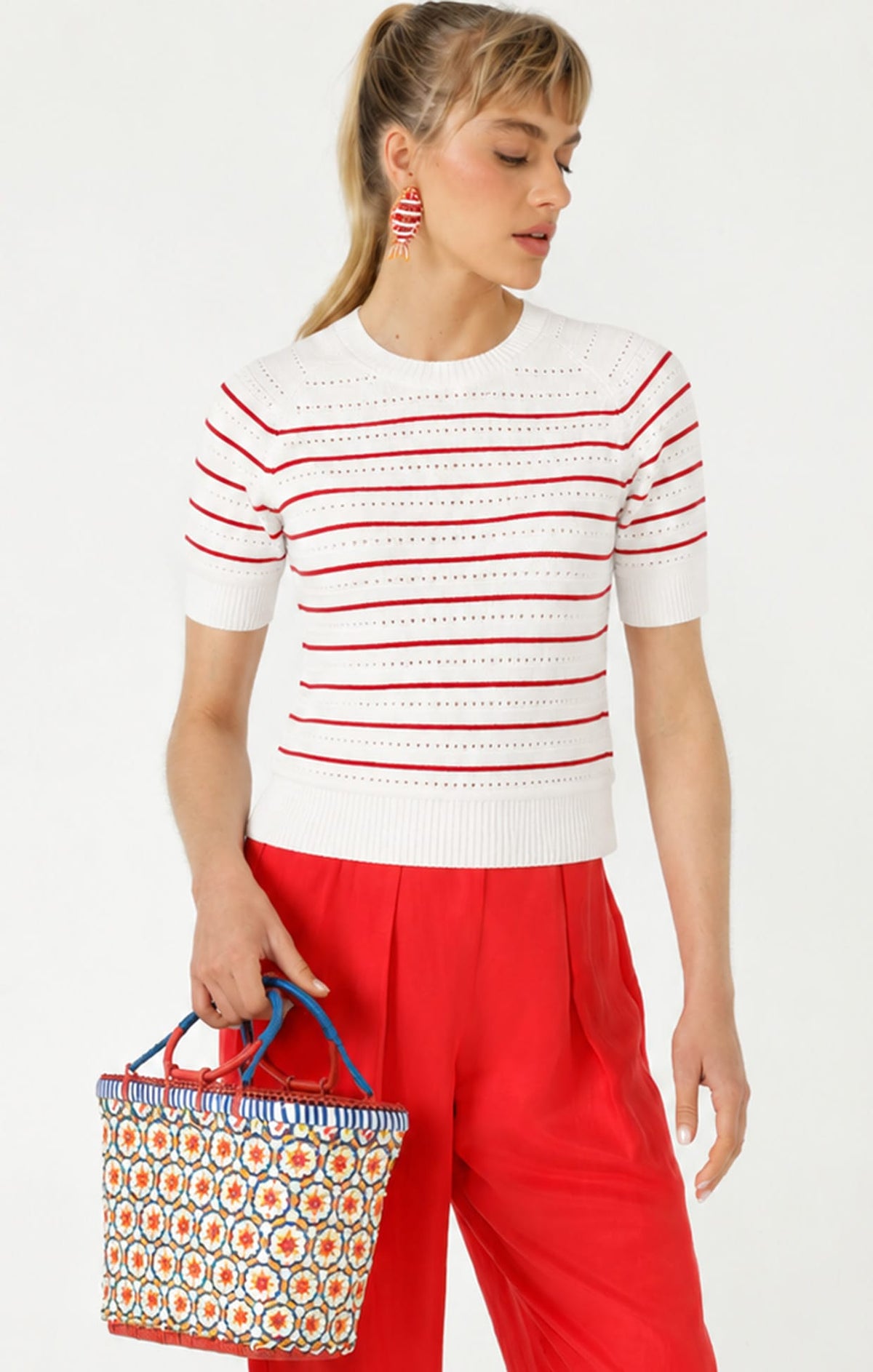 Knitwear EYELET STRIPE KNIT TOP IN WHITE AND RED