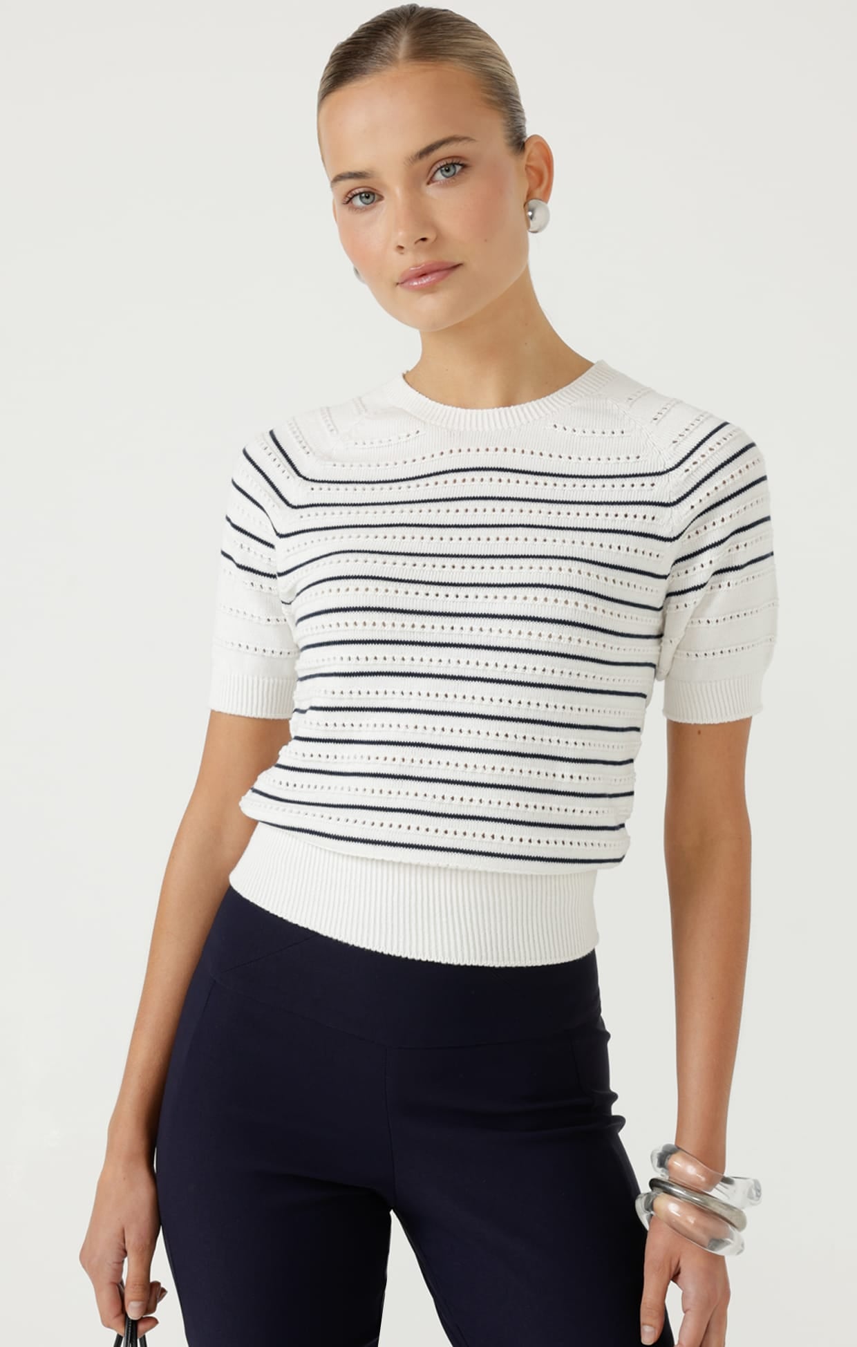 Knitwear EYELET STRIPE KNIT TOP IN WHITE AND NAVY