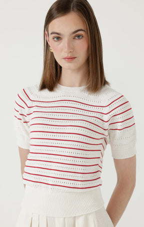 Knitwear EYELET STRIPE KNIT TOP IN WHITE AND RED