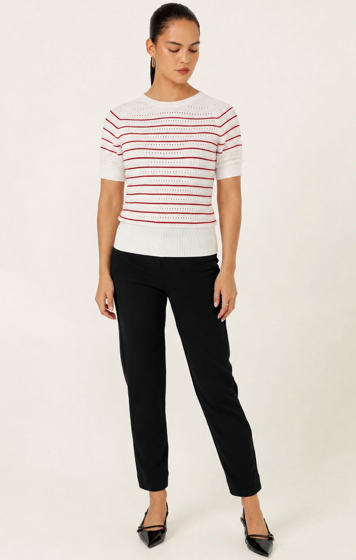 Knitwear EYELET STRIPE KNIT TOP IN WHITE AND RED