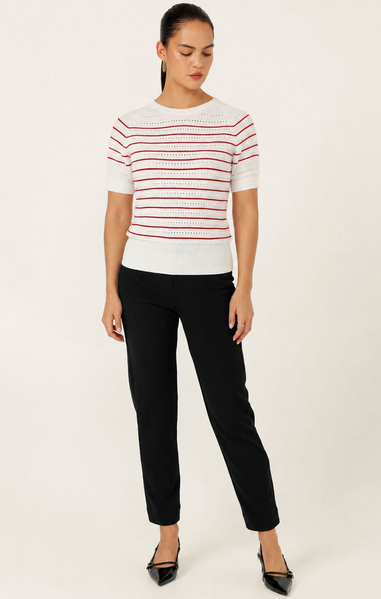 Knitwear EYELET STRIPE KNIT TOP IN WHITE AND RED