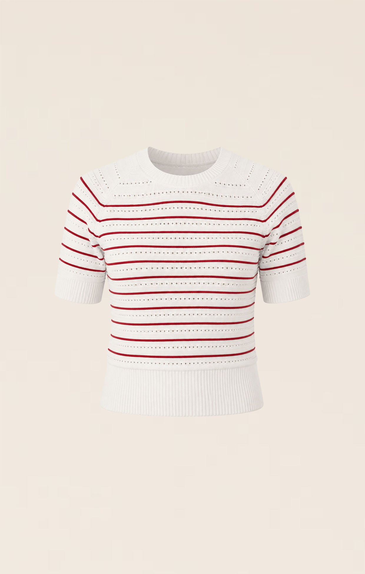 EYELET STRIPE KNIT TOP IN WHITE AND RED