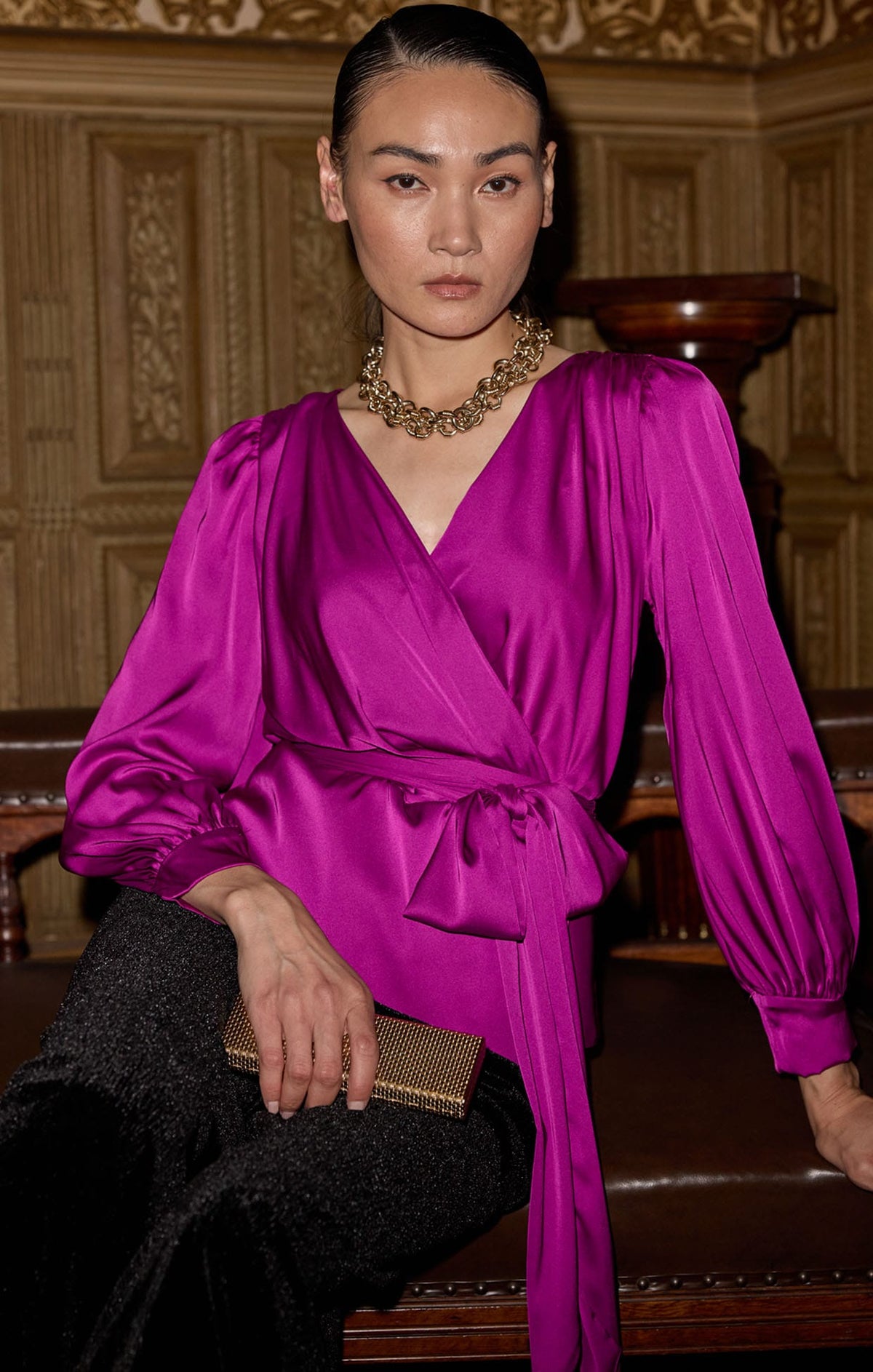 Tops SATIN FAUX WRAP TOP IN MAGENTA