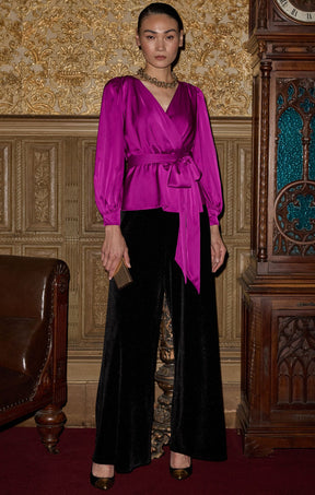 Tops SATIN FAUX WRAP TOP IN MAGENTA
