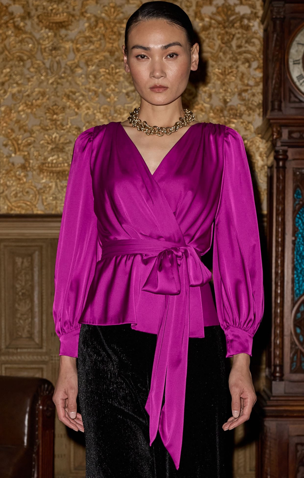 Tops SATIN FAUX WRAP TOP IN MAGENTA