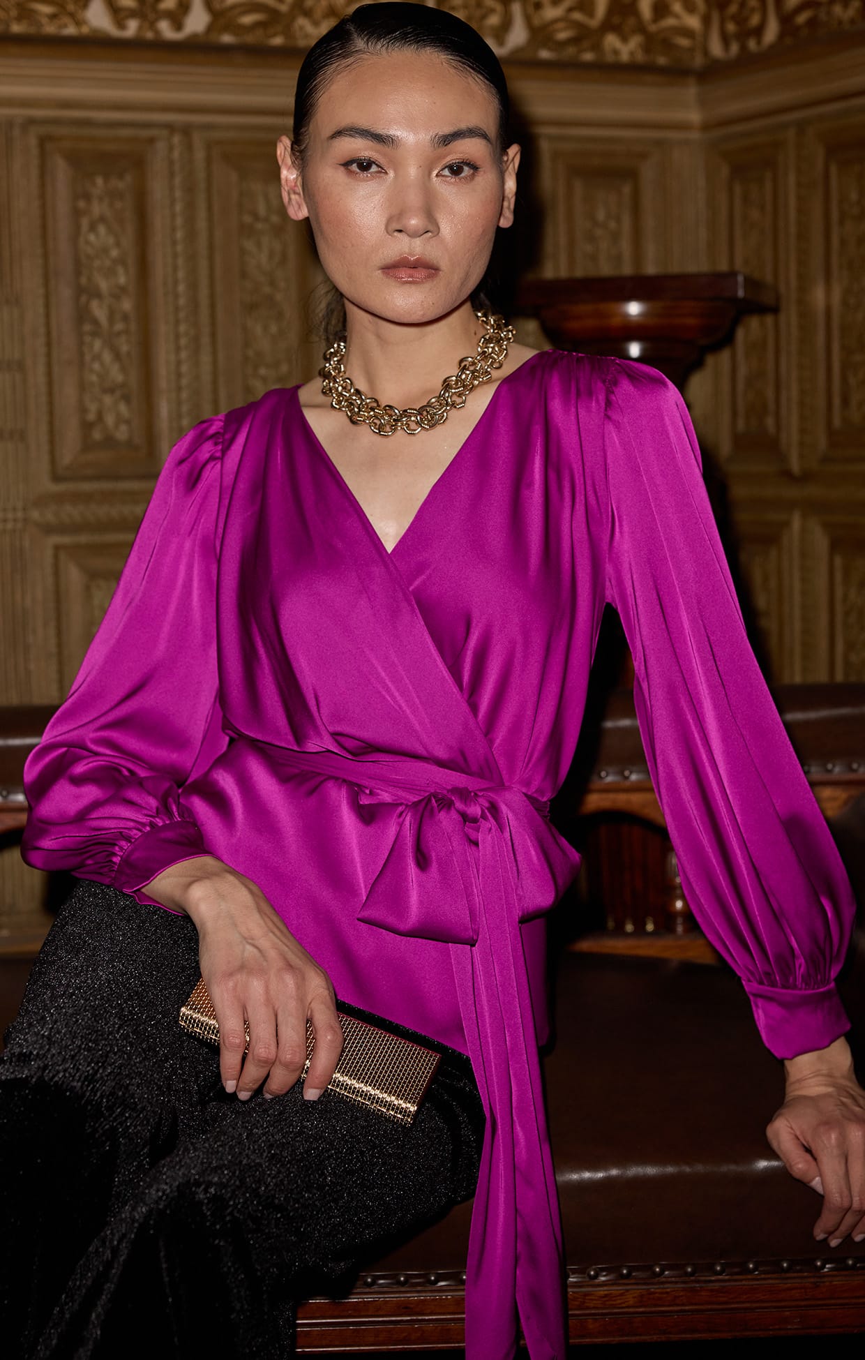 Tops SATIN FAUX WRAP TOP IN MAGENTA