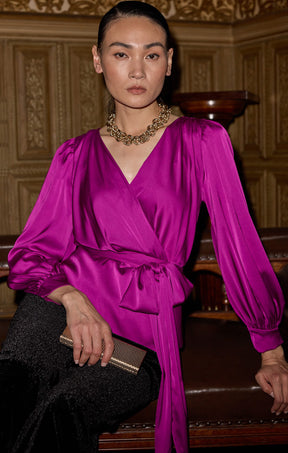 Tops SATIN FAUX WRAP TOP IN MAGENTA