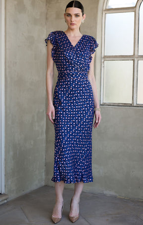 Dresses FLEUR DE LYS MIDI DRESS IN INDIGO PINK POPPY