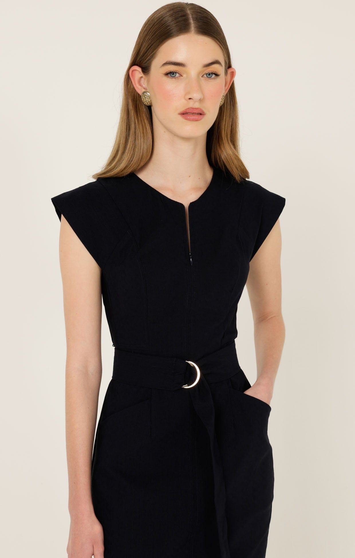 Zip Front Fitted Work Dress in Navy | Stretch Fabric Work Dress Zip Front Fitted Work Dress in Navy | Stretch Fabric Work Dress