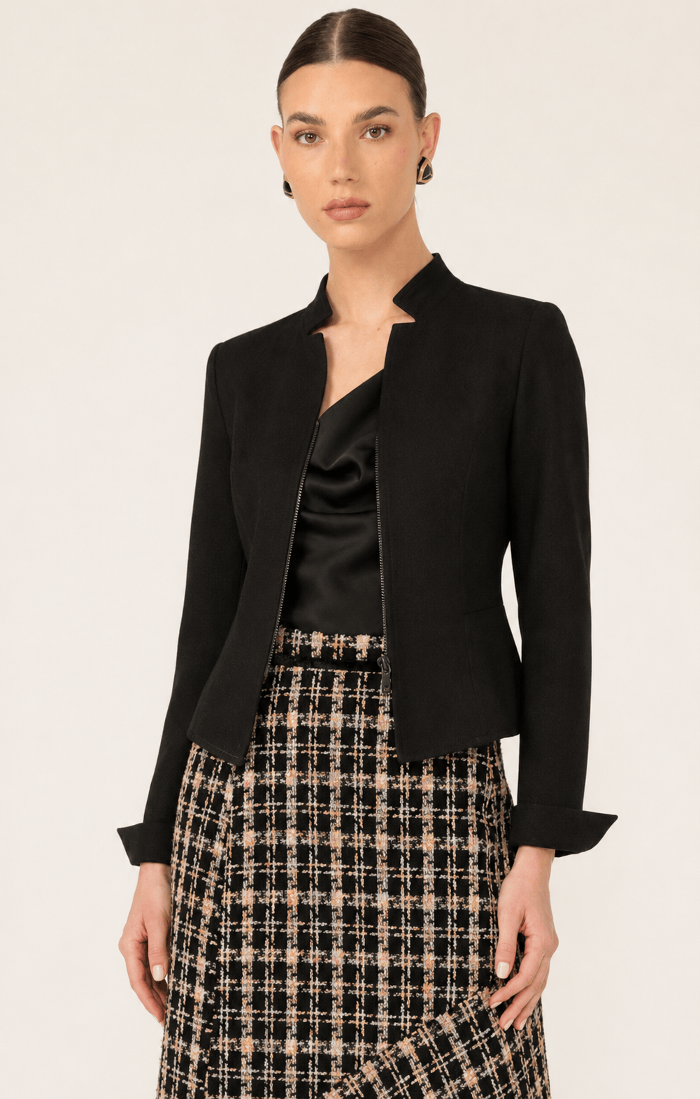 Jackets Multi Occasion FRONT ZIP PEPLUM JACKET IN BLACK
