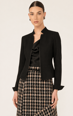 Jackets Multi Occasion FRONT ZIP PEPLUM JACKET IN BLACK