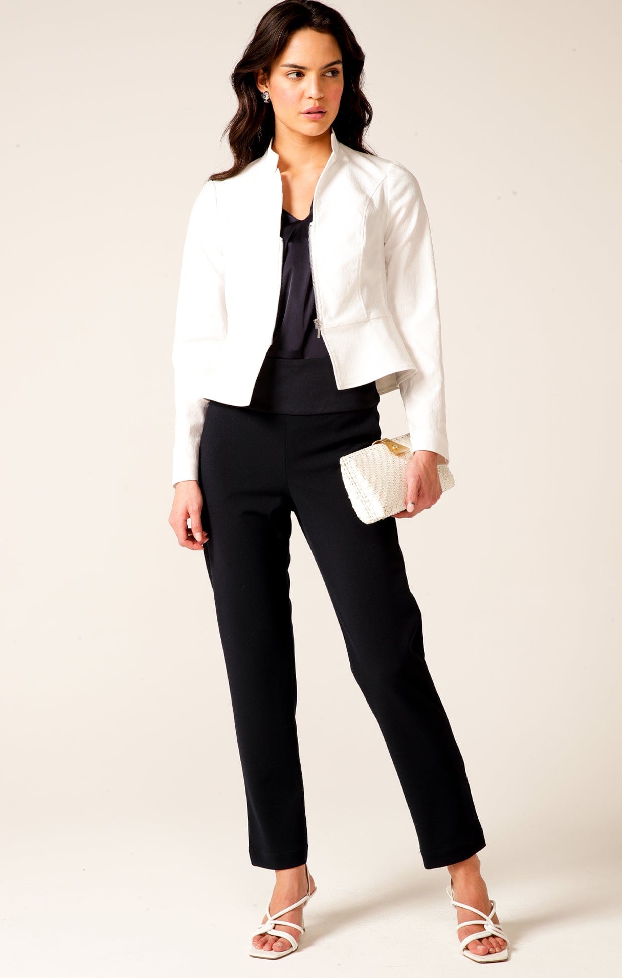Jackets Multi Occasion FRONT ZIP PEPLUM JACKET IN WHITE
