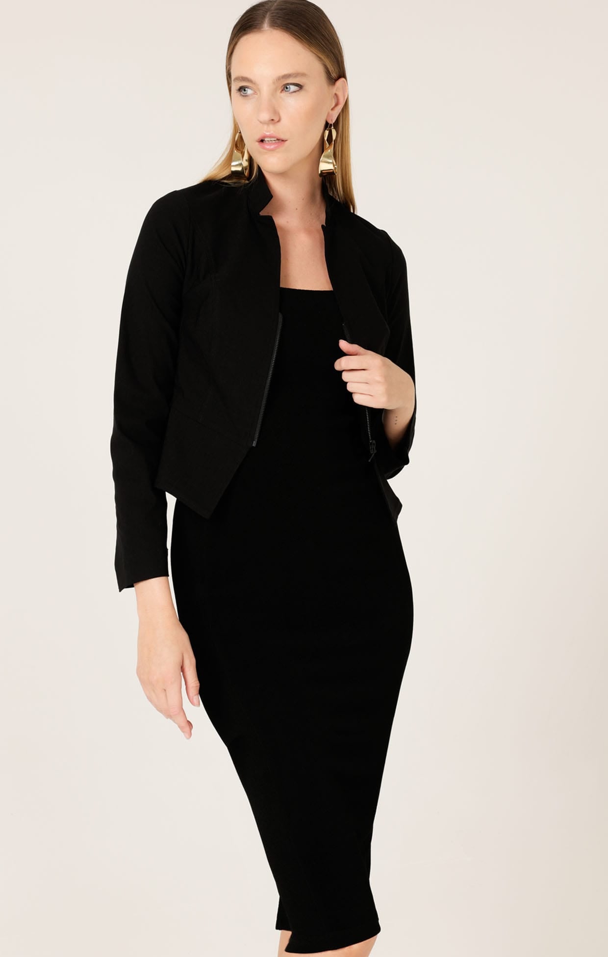 Jackets Multi Occasion FRONT ZIP PEPLUM JACKET IN BLACK