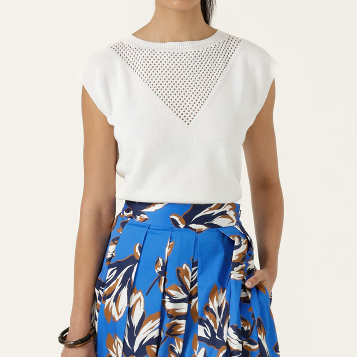 Chloe Australian Cotton Knit Top in White- Cap Sleeve Knit