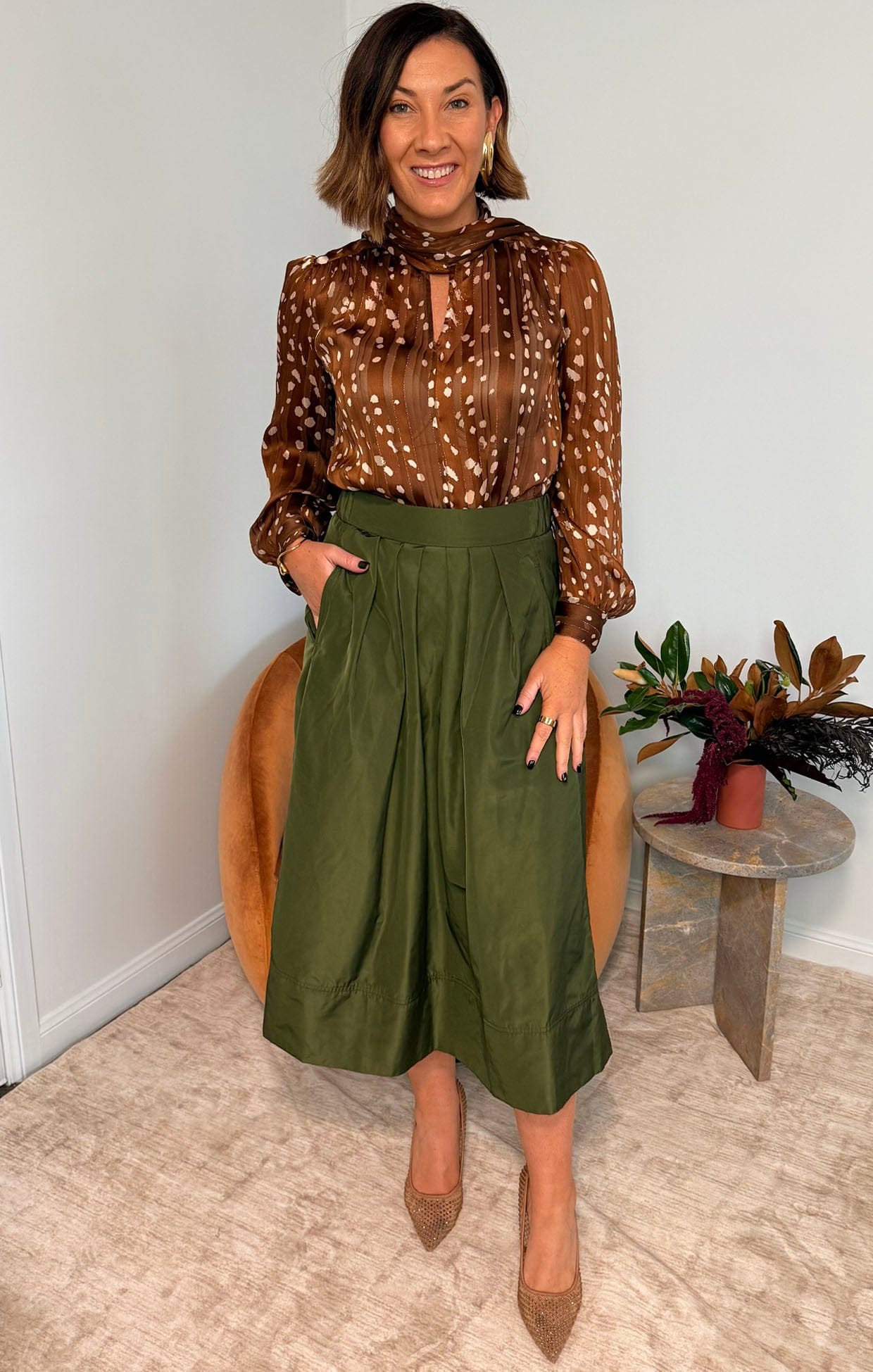 Skirts Multi Occasion PLEATED A-LINE SKIRT IN OLIVE