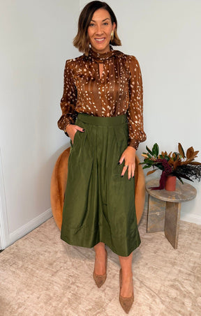 Skirts Multi Occasion PLEATED A-LINE SKIRT IN OLIVE