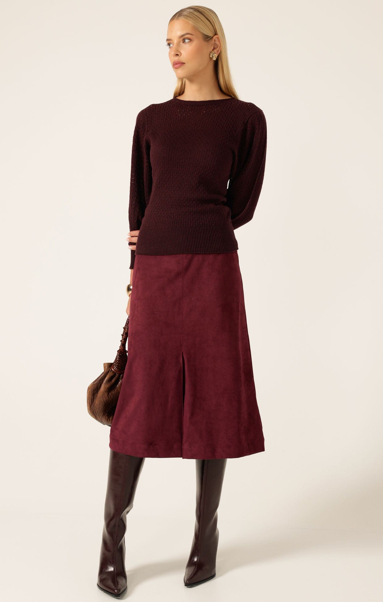 Knitwear LONG SLEEVE RIPPLE KNIT TOP IN BLACK CHERRY