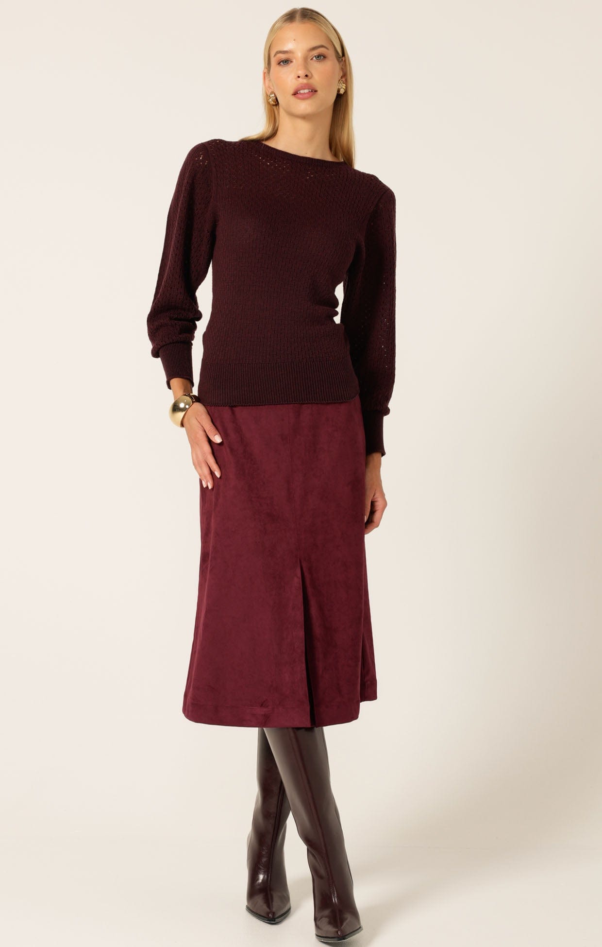 Knitwear LONG SLEEVE RIPPLE KNIT TOP IN BLACK CHERRY