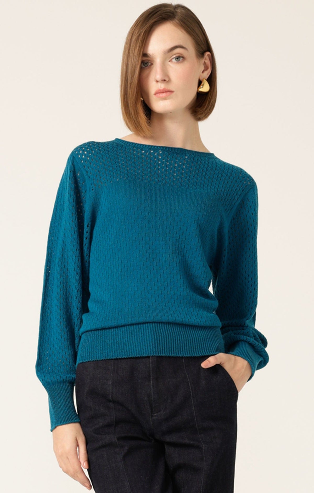 Knitwear LONG SLEEVE RIPPLE KNIT TOP IN CERULEAN BLUE