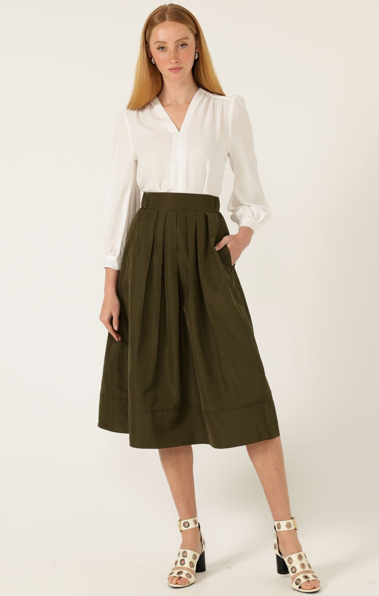 Skirts Multi Occasion PLEATED A-LINE SKIRT IN OLIVE