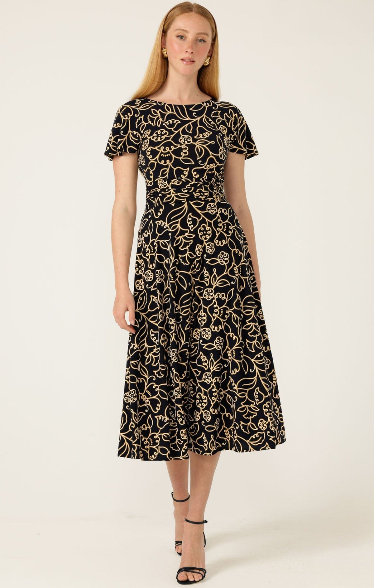 Dresses Multi Occasion REVERSE WRAP MIDI DRESS IN NAVY GOLD FLOWER