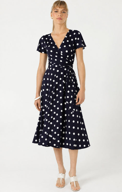 REVERSE WRAP MIDI DRESS IN NAVY WHITE SPOT