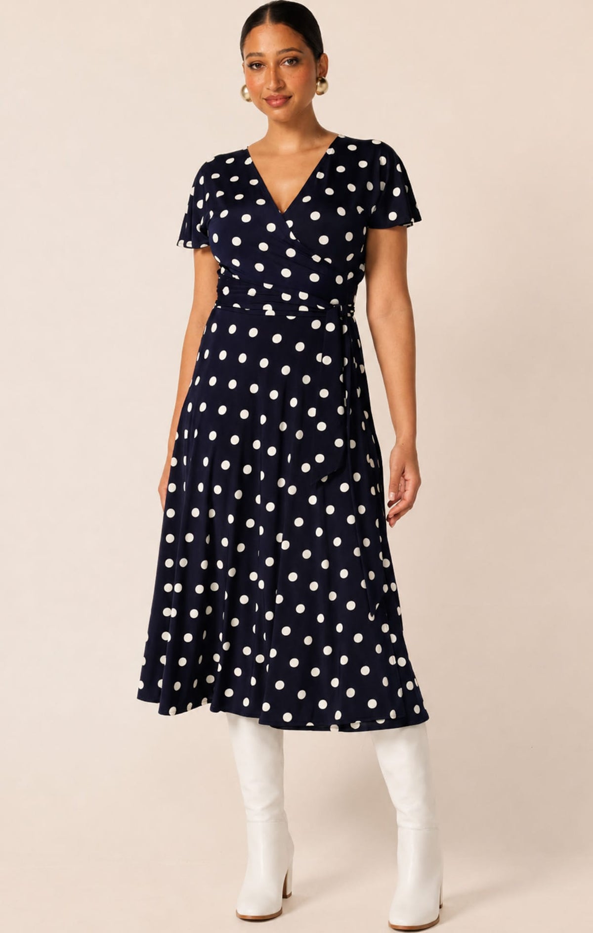 Dresses Multi Occasion REVERSE WRAP MIDI DRESS IN NAVY WHITE SPOT