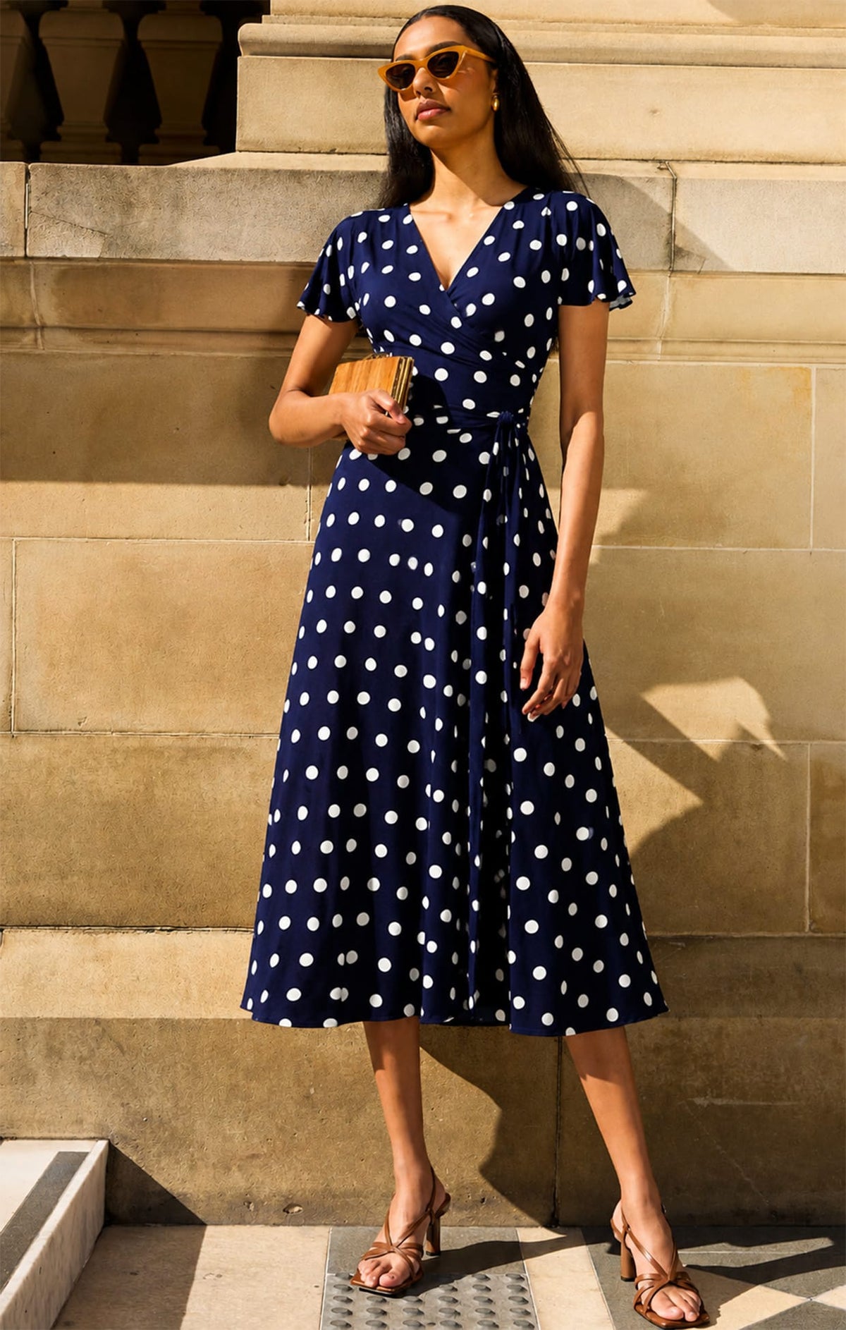 REVERSE WRAP MIDI DRESS IN NAVY WHITE SPOT