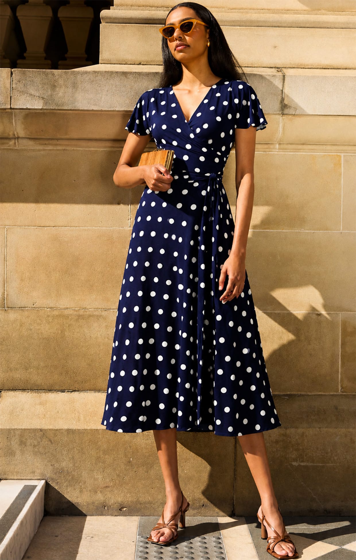 REVERSE WRAP MIDI DRESS IN NAVY WHITE SPOT