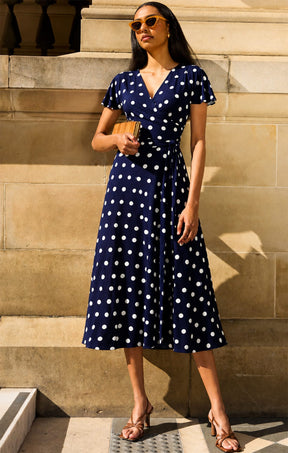 REVERSE WRAP MIDI DRESS IN NAVY WHITE SPOT