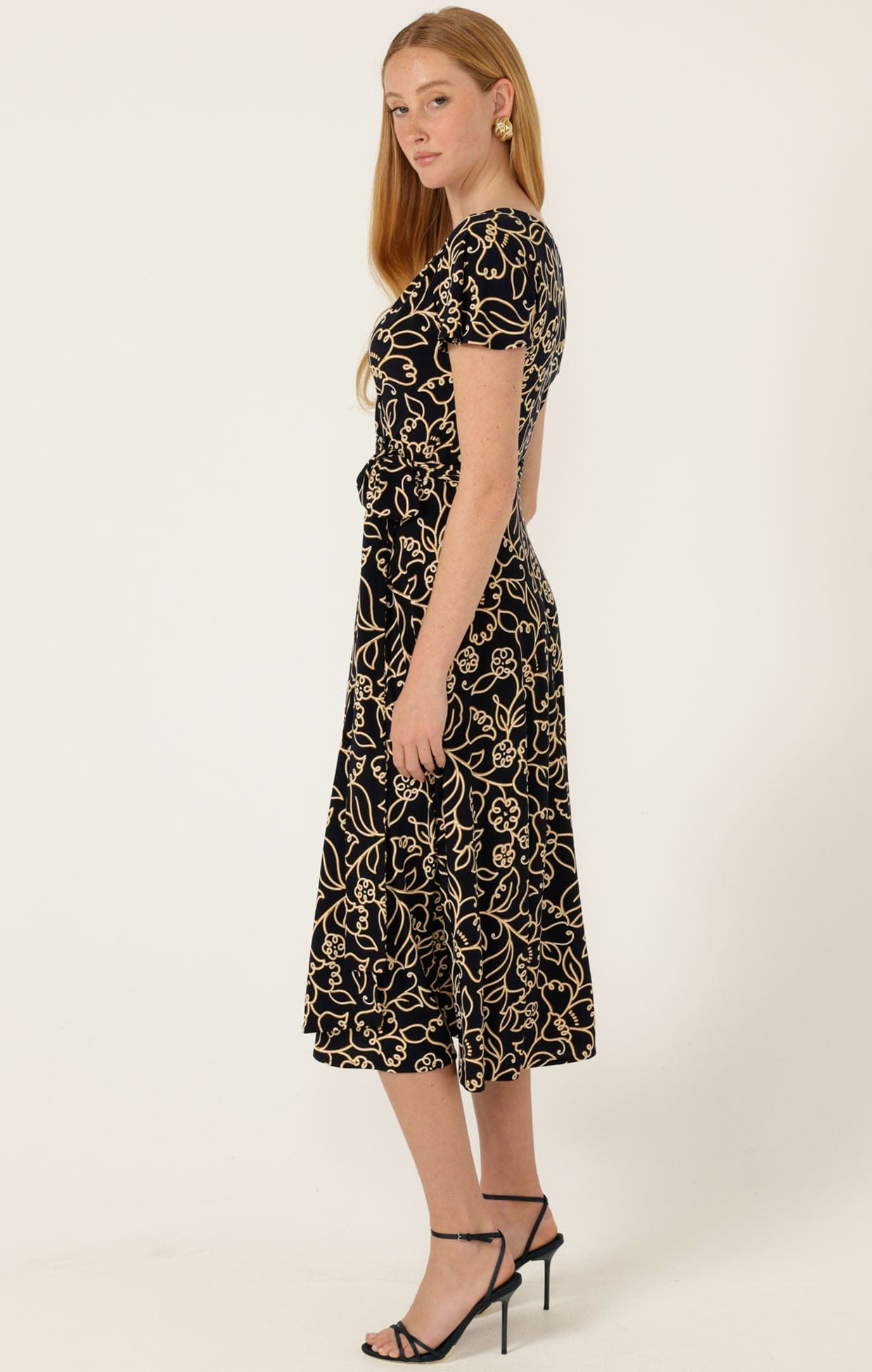 Dresses Multi Occasion REVERSE WRAP MIDI DRESS IN NAVY GOLD FLOWER