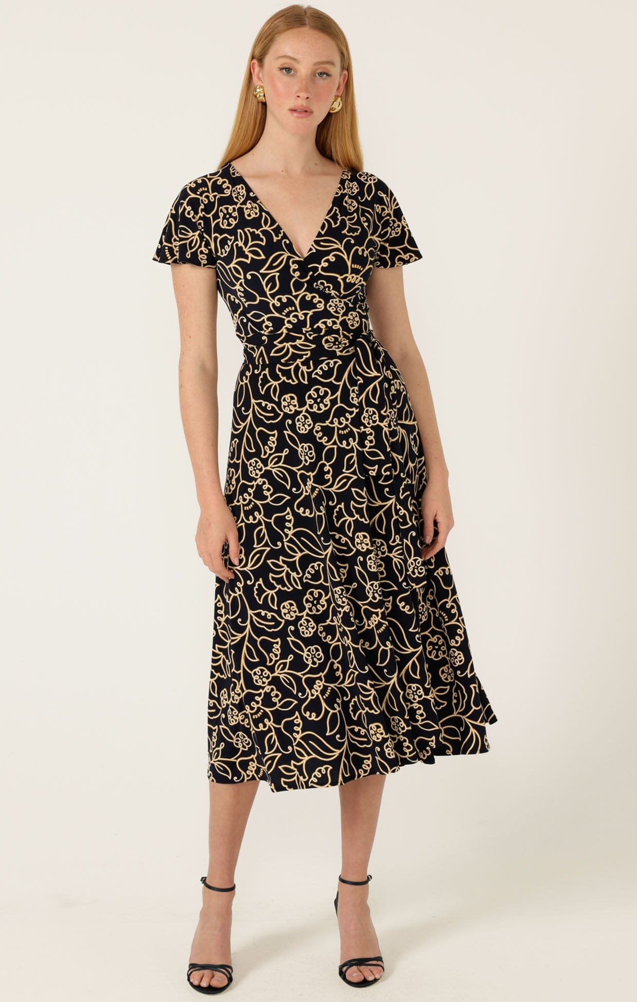 Dresses Multi Occasion REVERSE WRAP MIDI DRESS IN NAVY GOLD FLOWER