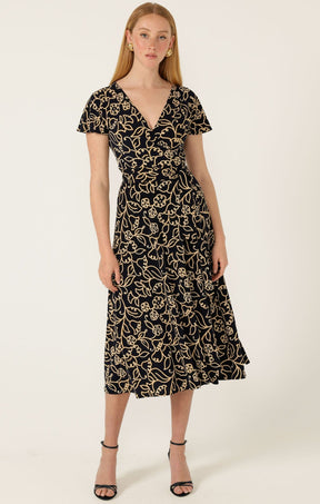 Dresses Multi Occasion REVERSE WRAP MIDI DRESS IN NAVY GOLD FLOWER