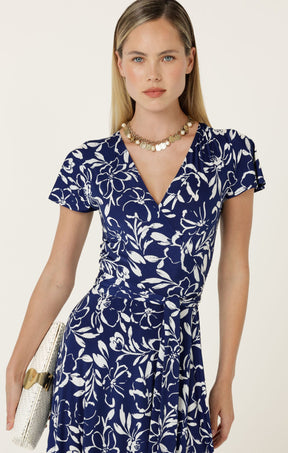 Dresses Multi Occasion REVERSE WRAP MIDI DRESS IN NAVY WHITE FLORAL