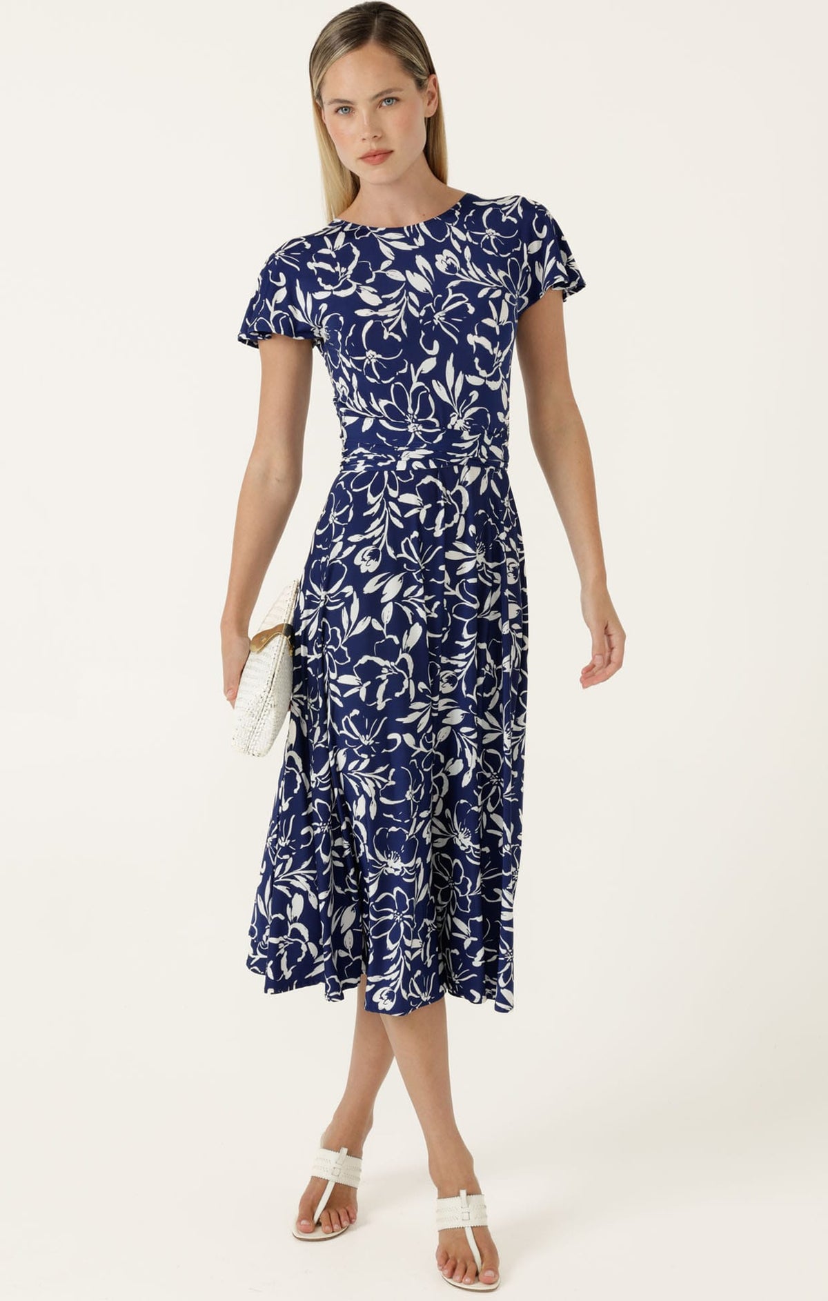 Dresses Multi Occasion REVERSE WRAP MIDI DRESS IN NAVY WHITE FLORAL