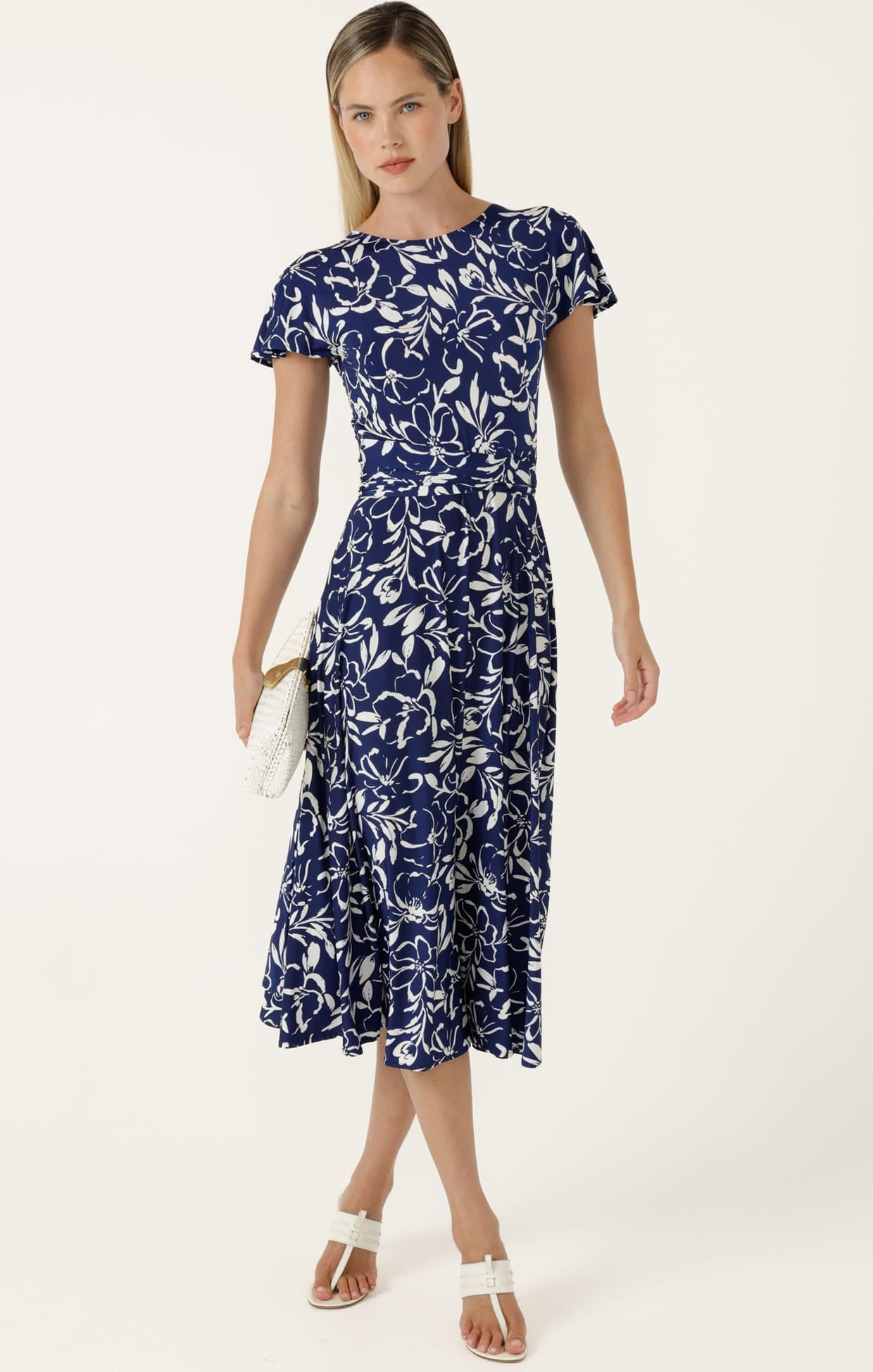 Dresses Multi Occasion REVERSE WRAP MIDI DRESS IN NAVY WHITE FLORAL
