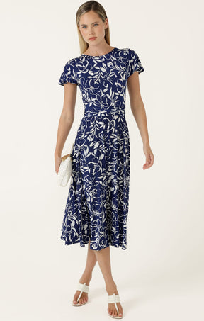 Dresses Multi Occasion REVERSE WRAP MIDI DRESS IN NAVY WHITE FLORAL