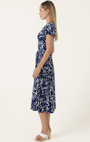 Dresses Multi Occasion REVERSE WRAP MIDI DRESS IN NAVY WHITE FLORAL