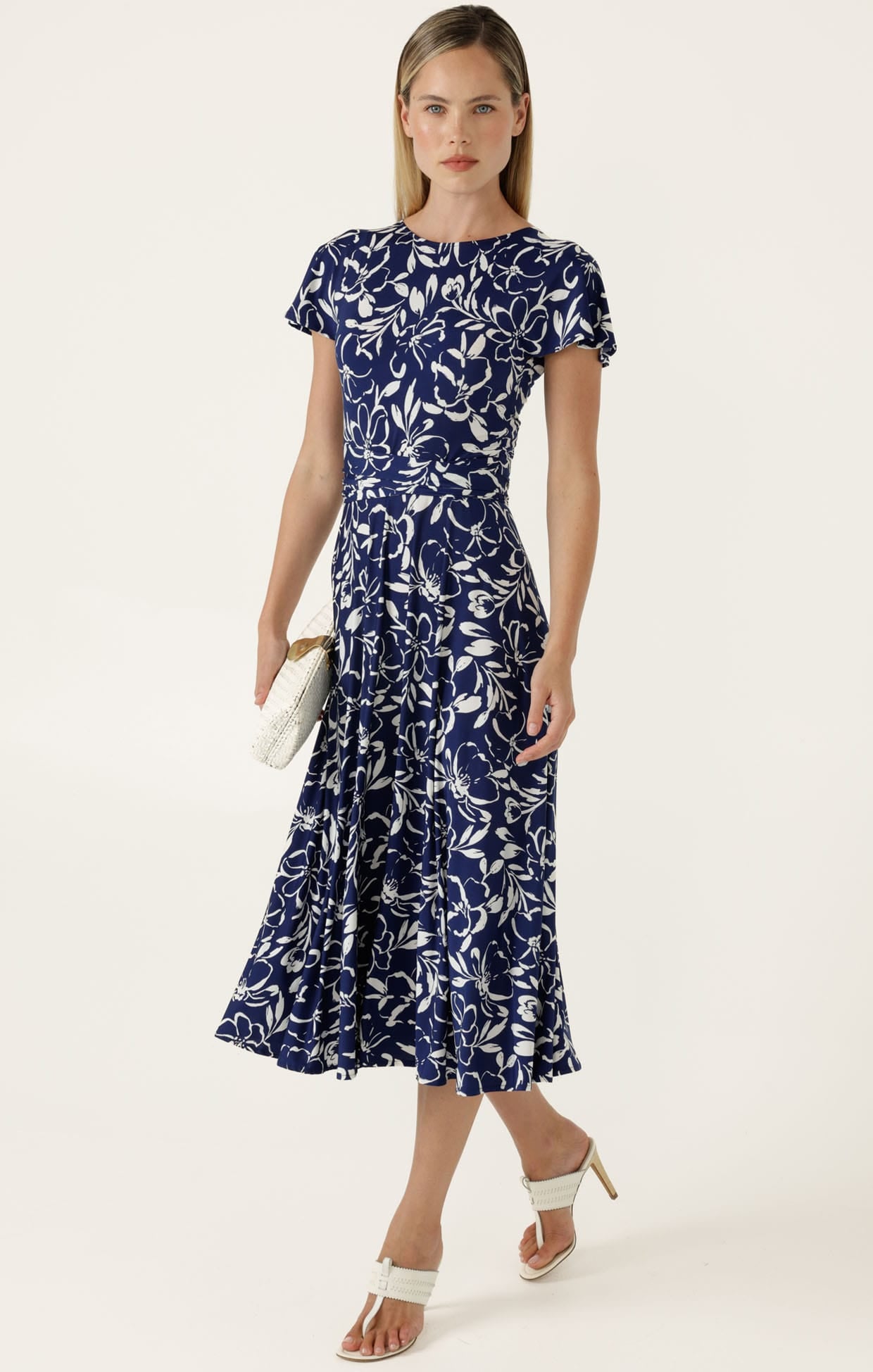 Dresses Multi Occasion REVERSE WRAP MIDI DRESS IN NAVY WHITE FLORAL