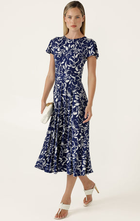 Dresses Multi Occasion REVERSE WRAP MIDI DRESS IN NAVY WHITE FLORAL
