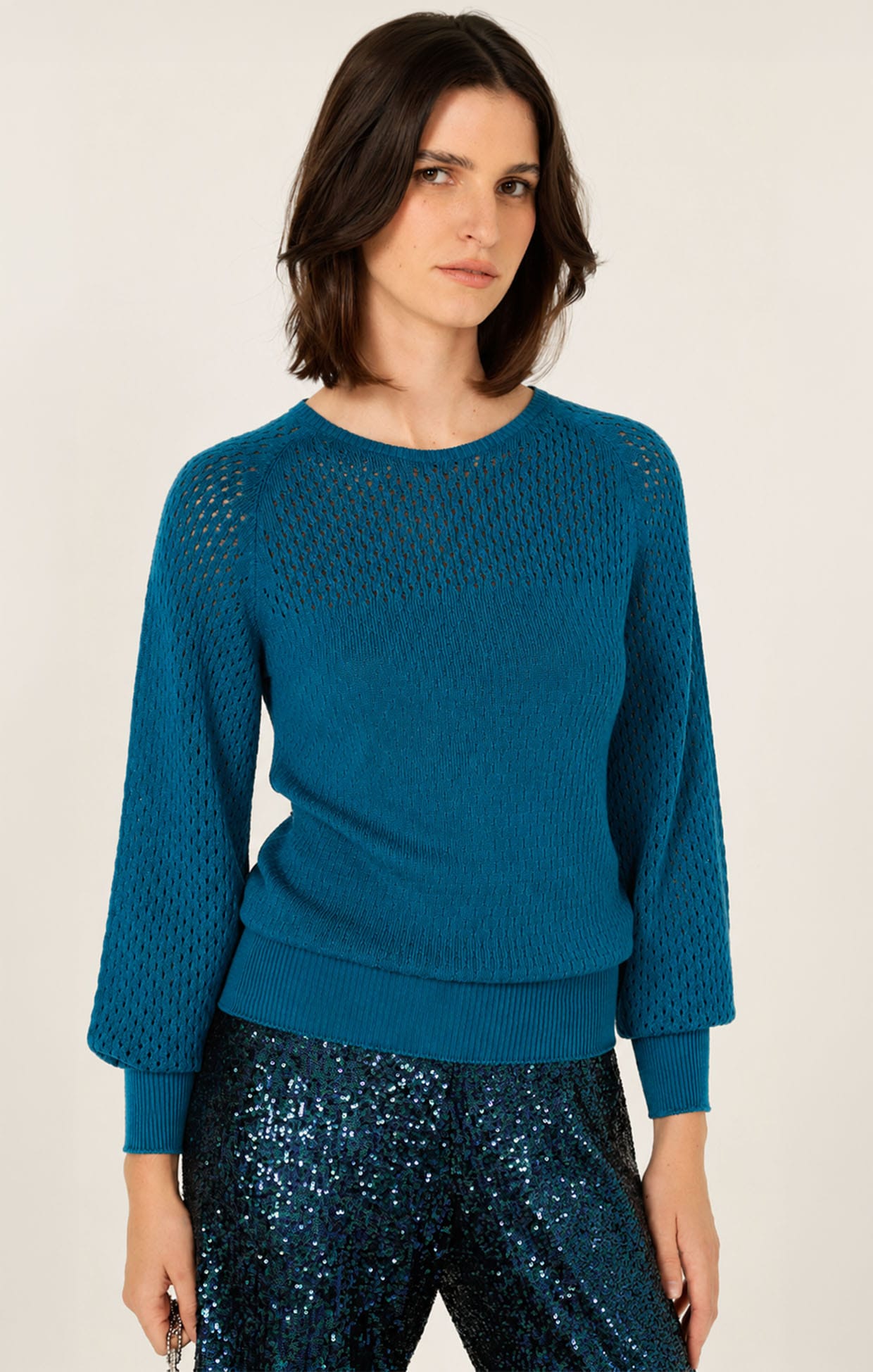 Knitwear LONG SLEEVE RIPPLE KNIT TOP IN CERULEAN BLUE