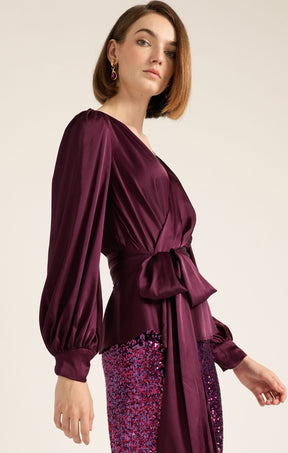 Tops Multi Occasion SATIN FAUX WRAP TOP IN CHERRY
