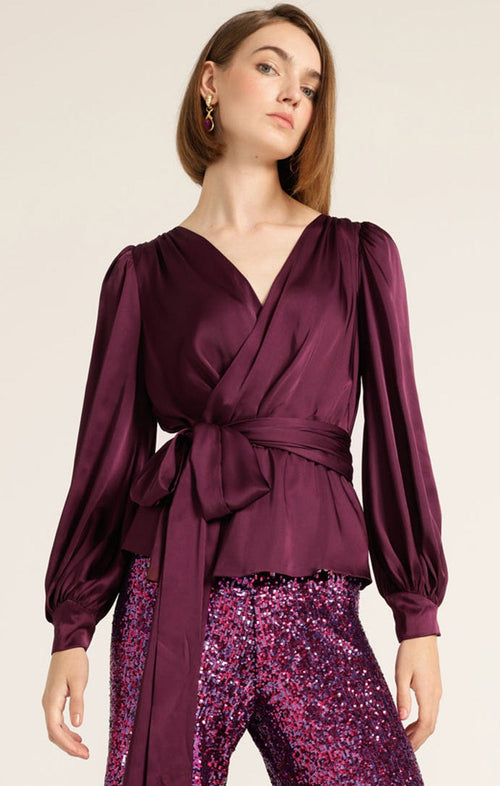 Tops Multi Occasion SATIN FAUX WRAP TOP IN CHERRY