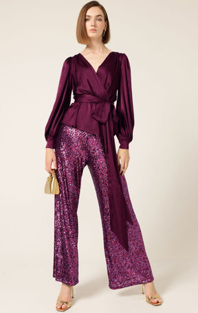 Tops Multi Occasion SATIN FAUX WRAP TOP IN CHERRY