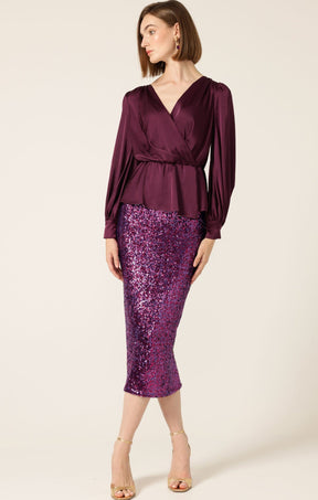 Tops Multi Occasion SATIN FAUX WRAP TOP IN CHERRY