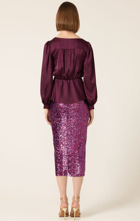 Tops Multi Occasion SATIN FAUX WRAP TOP IN CHERRY